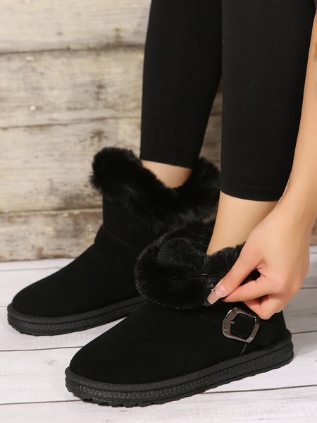 

Casual Buckle Decor Faux Suede Furry Snow Boots, Black, Boots