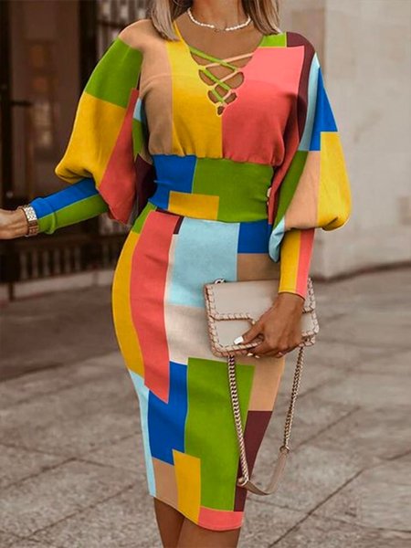 

Elegant V Neck Colorblock Dress, Multicolor, Midi Dresses