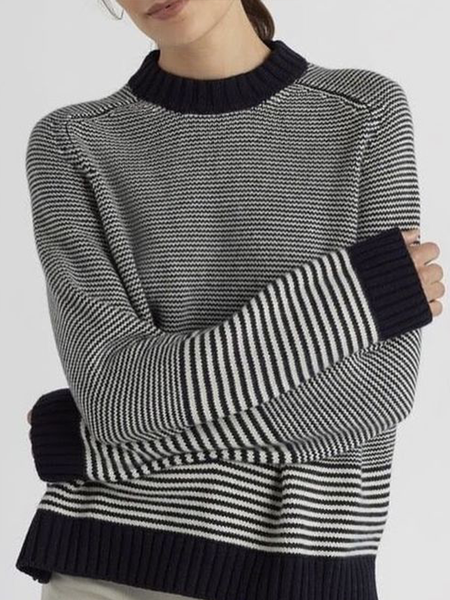 

Elegant Regular Fit Crew Neck Wool/Knitting Sweater, Black-white, Pullovers