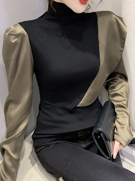 

High Elasticity Turtleneck Color Block Urban Regular Fit Blouse, Black-green, Blouses and Shirts