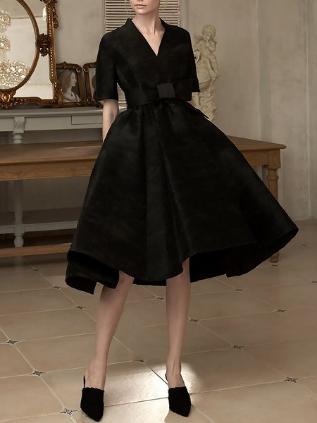 

Cross Neck Elegant Regular Fit Midi Dress, Black, Midi Dresses