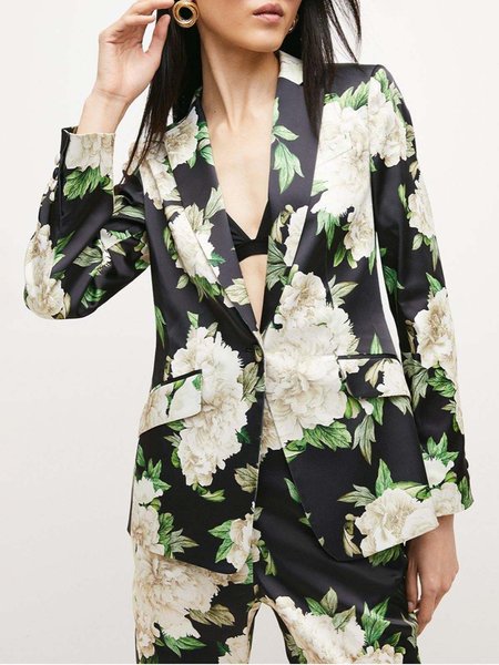 Elegant Shawl Collar Regular Fit Floral Blazer, Black, Blazers