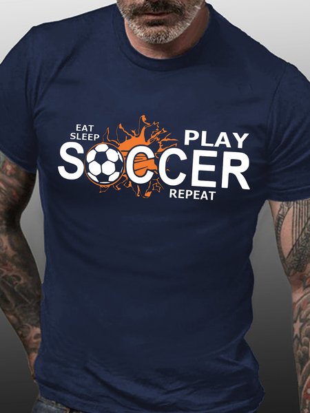 

Men's Eat Sleep Play Soccer Repeat World Cup 2023 Funny Graphic Print Casual Cotton T-Shirt, Purplish blue, T-shirts