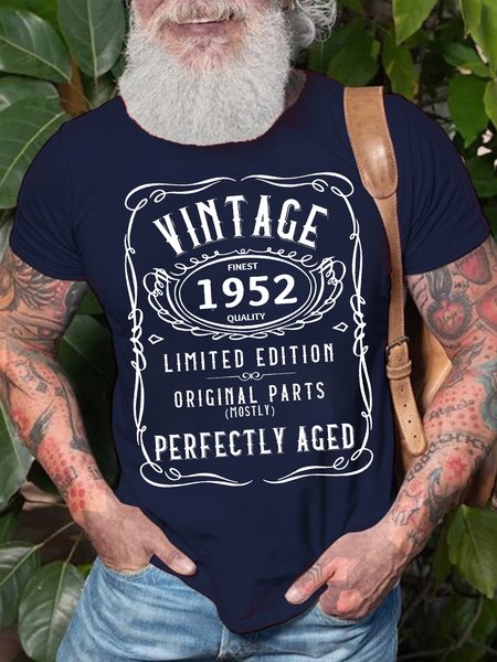 

Men's Vintage 1952 Limited Edition Perfectly Aged Funny Graphic Print Text Letters Cotton Crew Neck Casual T-Shirt, Purplish blue, T-shirts