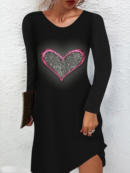 

Women‘s Heart Print Crew Neck Regular Fit Casual Dress, Black, Dresses
