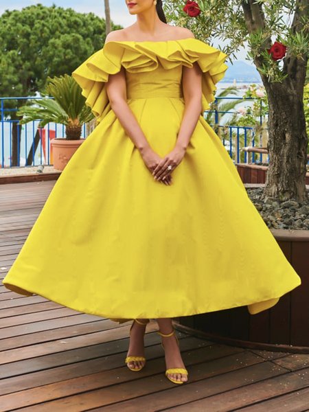 

Cold Shoulder Plain Elegant Regular Fit Wedding Dress & Party Dress, Yellow, Midi Dresses