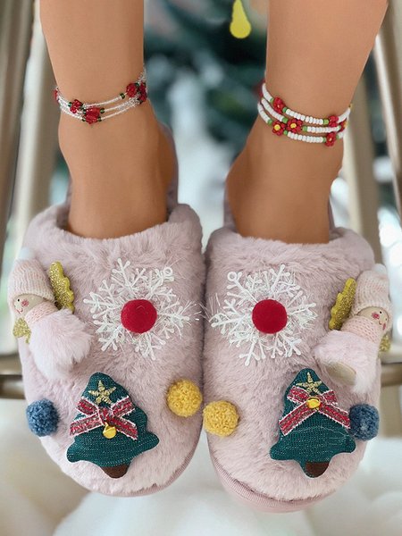 

Cartoon Christmas Tree Fuzzy Ball Fuzzy Slippers, Pink, Slippers