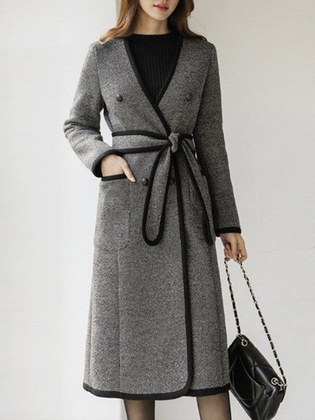 

Long sleeve V Neck Elegant Regular Fit Overcoat, Gray, Coats