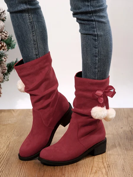 

Christmas Pompom Decor Plus Size Faux Suede Slouchy Boots, Wine red, Women Shoes