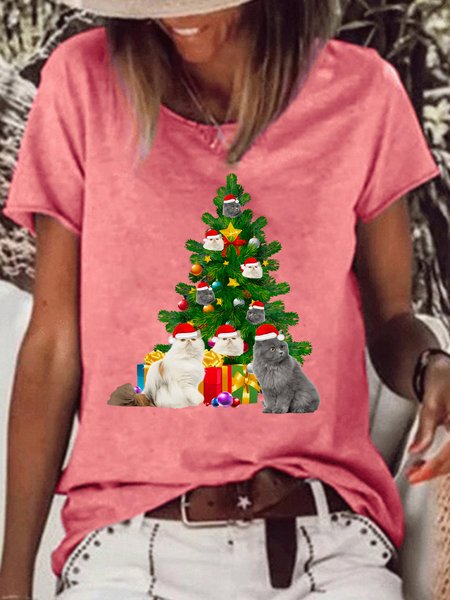 

Women's Christmas Tree Cute Cat Print Casual T-Shirt, Red, T-shirts