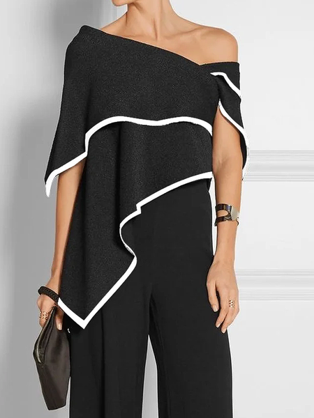 

High Elasticity Urban Asymmetrical Loose Short sleeve Top, Black-white, Linen Tops