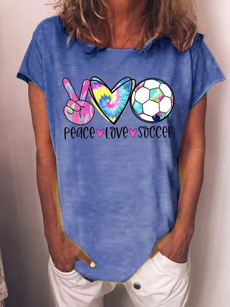 

Women's Peace Love Soccer World Cup 2022 Funny Graphic PrintLoose Crew Neck Casual T-Shirt, Blue, T-shirts