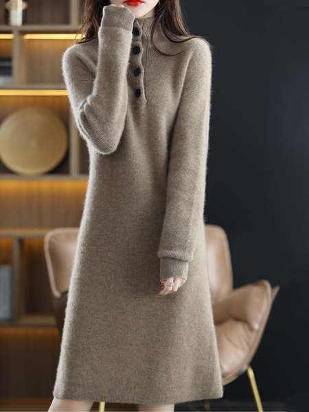 

Plain Wool/Knitting Turtleneck Elegant Dress, Khaki, Midi Dresses