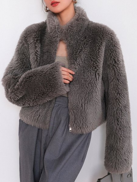 

Elegant Turtleneck Plain Loose Teddy Jacket, Gray, Others