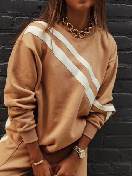 

Casual Crew Neck Striped Loose Sweatshirt, Camel, Hoodies and Sweatshirts