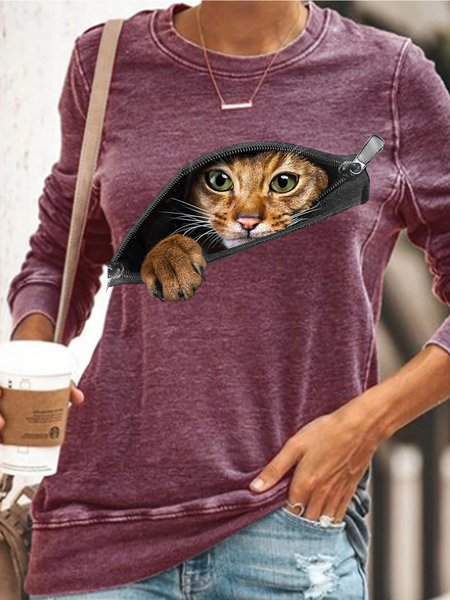 Women's Funny Cat Casual Sweatshirt, Red, Hoodies&Sweatshirts