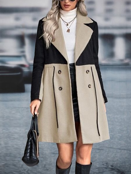 

Two Tone Double Breasted Drawstring Waist Overcoat, Black, Trench Coats
