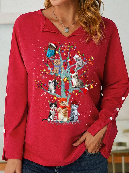 

Women's Cute Cat Christmas Tree Print Sweatshirt, Red, Hoodies&Sweatshirts