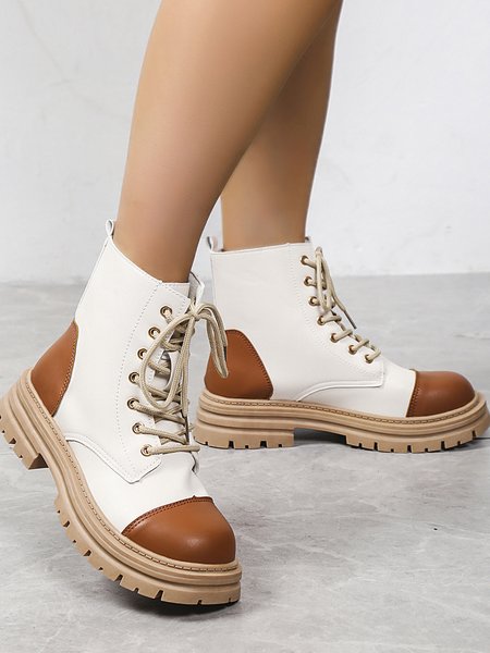 

Stylish Patchwork Contrast Lace-Up Booties, Beige, Boots