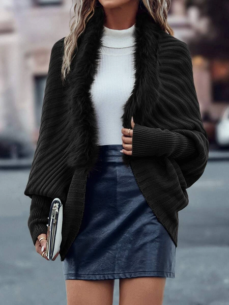 

Yarn/Wool Yarn Casual Loose Sweater Coat, Black, Outerwear