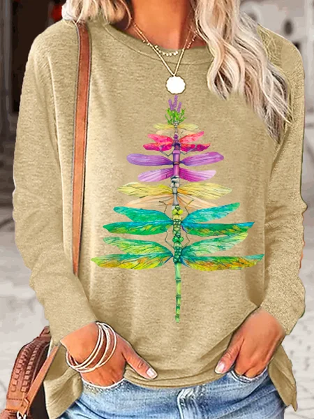 

Women's dragonfly Christmas Tree Casual Letters Crew Neck Top, Apricot, Long sleeves