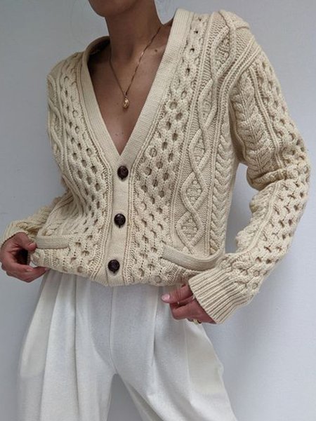 

Plain Buttoned Casual Sweater Coat, Apricot, Cardigans