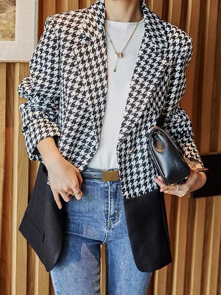 

Urban Split Joint Loose Lapel Collar Houndstooth Blazer, Black, Blazers