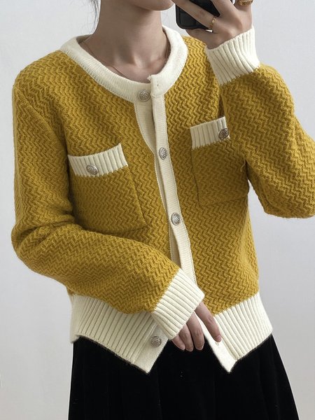 

Long sleeve Elegant Crew Neck Color Block Sweater Coat, Yellow, Cardigans