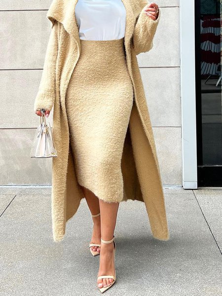

Elegant Tight Plain Midi Skirt, Beige, Sweaters