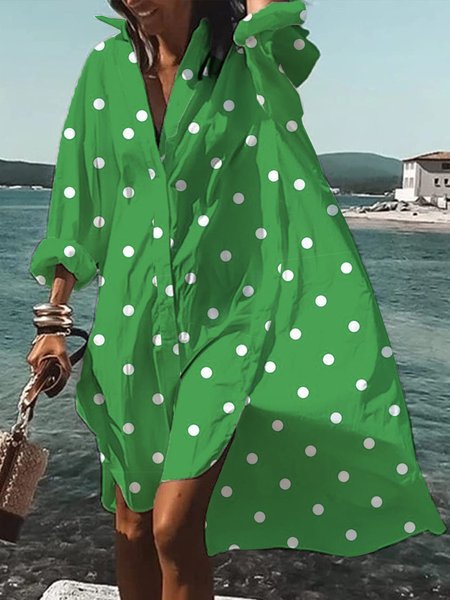 

Geometric Regular Fit Vacation Shirt Collar Dress, Green, Midi Dresses