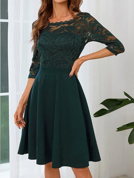 

Lace Crew Neck X-Line Loose Dress, Deep green, Dresses