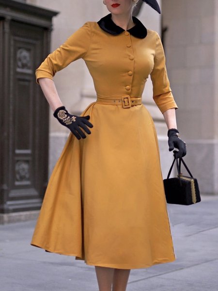 

Midi Elegant Color Block Shawl Collar Dress, Yellow, Midi Dresses