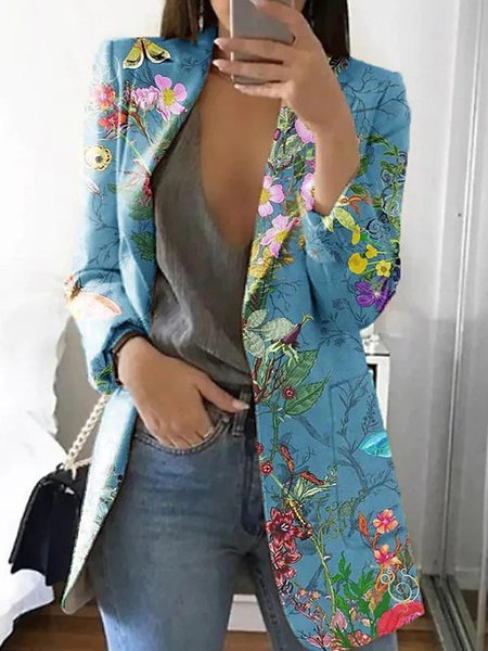 

Floral Loose Casual Lapel Collar Blazer, Blue, Blazers