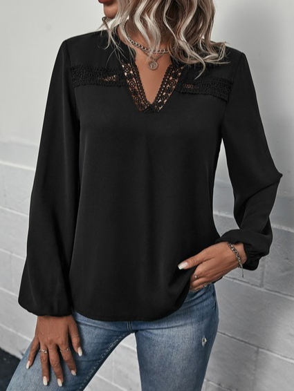 

V Neck Casual Plain Lace Loose Top, Black, Blouses & Shirts