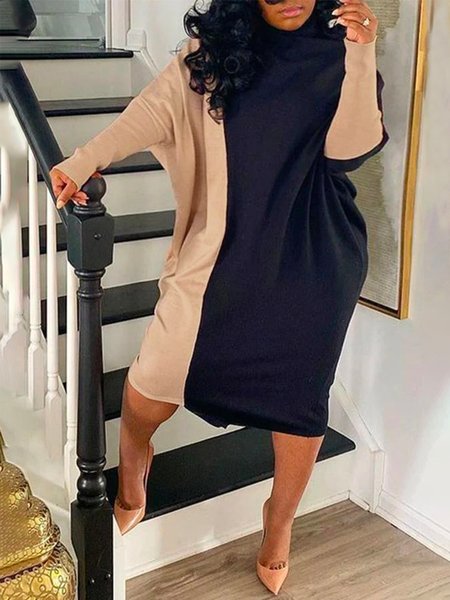 

Casual Long Sleeve Turtleneck Color Block Midi Dress, Black, Midi Dresses