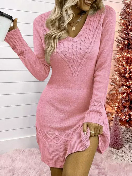 

Wool/Knitting Casual Regular Fit V Neck Dress, Pink, Dresses