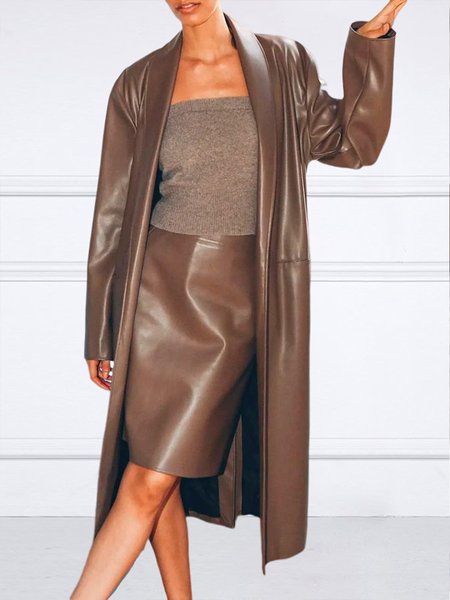 

Elegant Shawl Collar Plain Pu Overcoat, Coffee, Coats