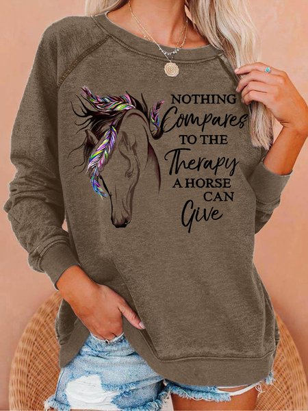

Women's The Therapy A Horse Can Give Crew Neck Loose Simple Sweatshirt, Brown, Hoodies&Sweatshirts