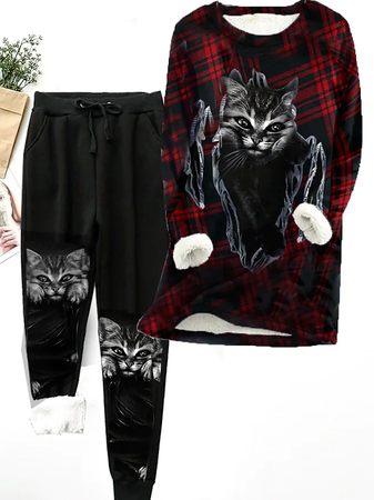 

Cat Cotton-Blend Casual Crew Neck Two-Piece Set, Red-black, Suits