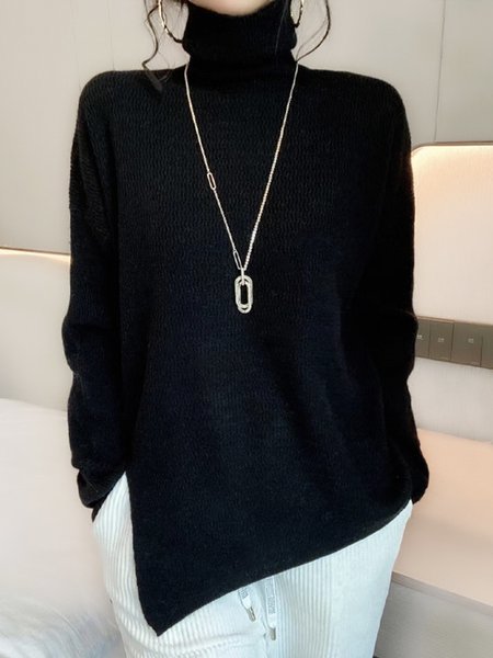 

Long sleeve Loose Turtleneck Plain Simple Sweater, Black, Pullovers