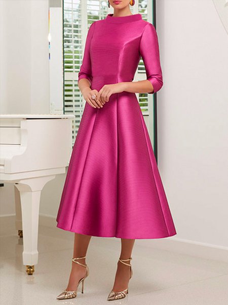

Elegant Plain Regular Fit Stand Collar Dress, Rose red, Midi Dresses