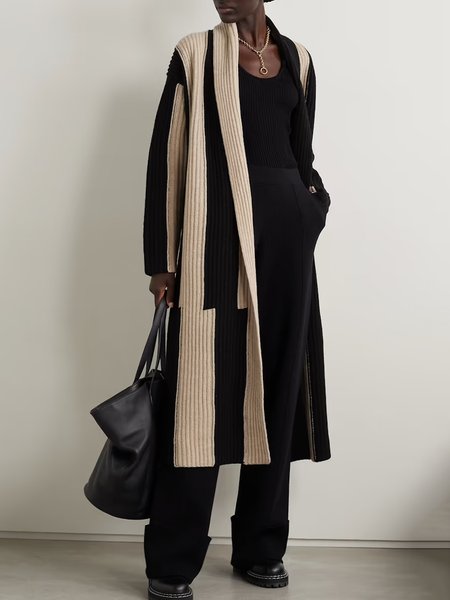 

Color Block Shawl Collar Simple Loose Sweater Coat, Black, Cardigans