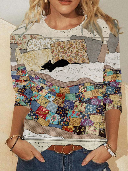 

Women's Lazy Cat In The Bed Vintage Print Crew Neck Casual Top, As picture, Long sleeves