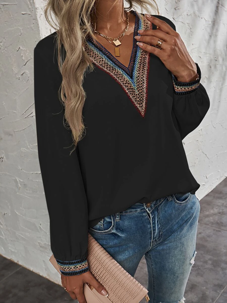 

Plain Boho Loose V Neck Blouse, Black, Shirts & Blouses