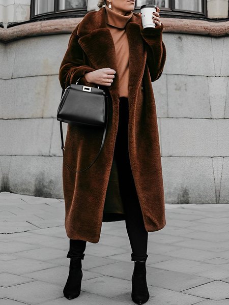 

Urban Plain Loose Lapel Collar Teddy Coat, Brown, Others