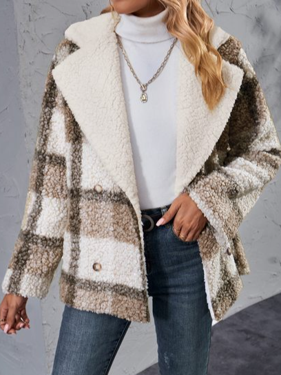 

Loose Shawl Collar Casual Teddy Jacket, Khaki, Coats