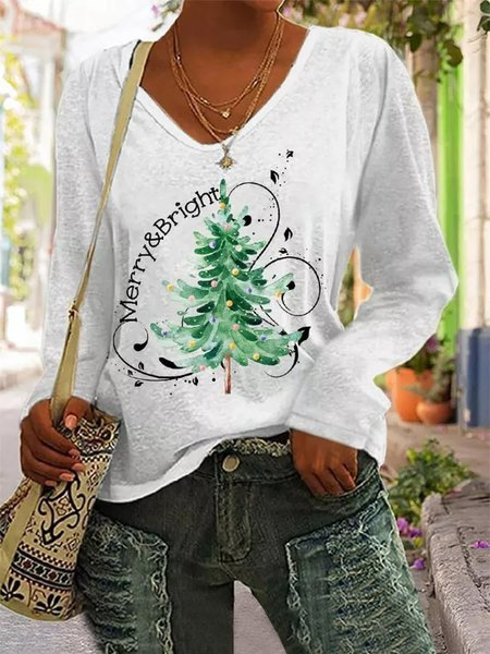 

V Neck Christmas Casual T-Shirt, White, Tops