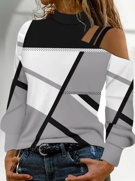 

Loose Color Block Half Turtleneck Casual Top, Multicolor, Tops