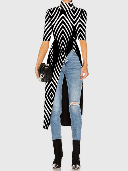 

High Elasticity Turtleneck Urban Short sleeve Mid-long Top, Black, Linen Tops