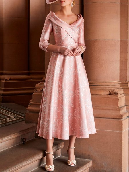 

Elegant Regular Fit Floral V Neck Dress, Pink, Midi Dresses